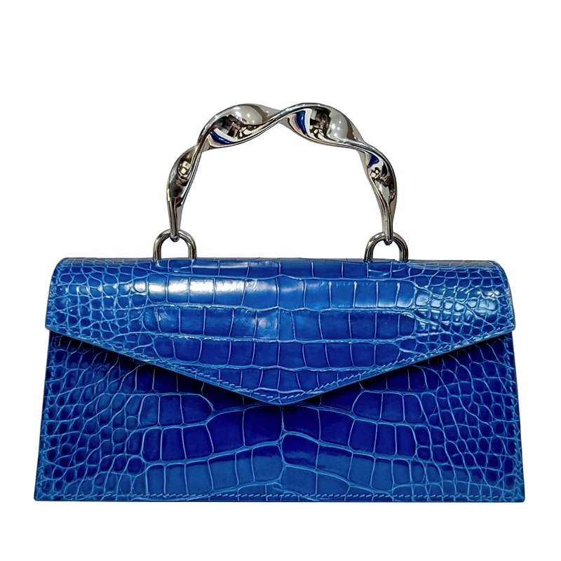 Crocodile Leather Envelope Bag with Artistic Wave Handle - Blue