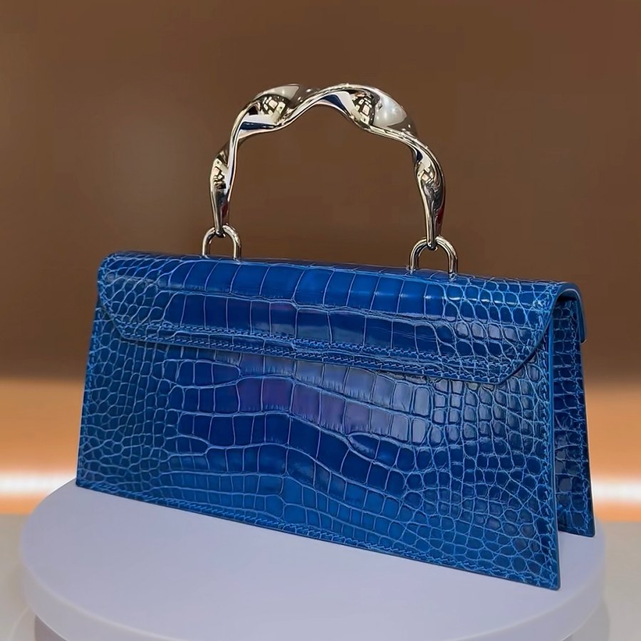 Crocodile Leather Envelope Bag with Artistic Wave Handle - Details