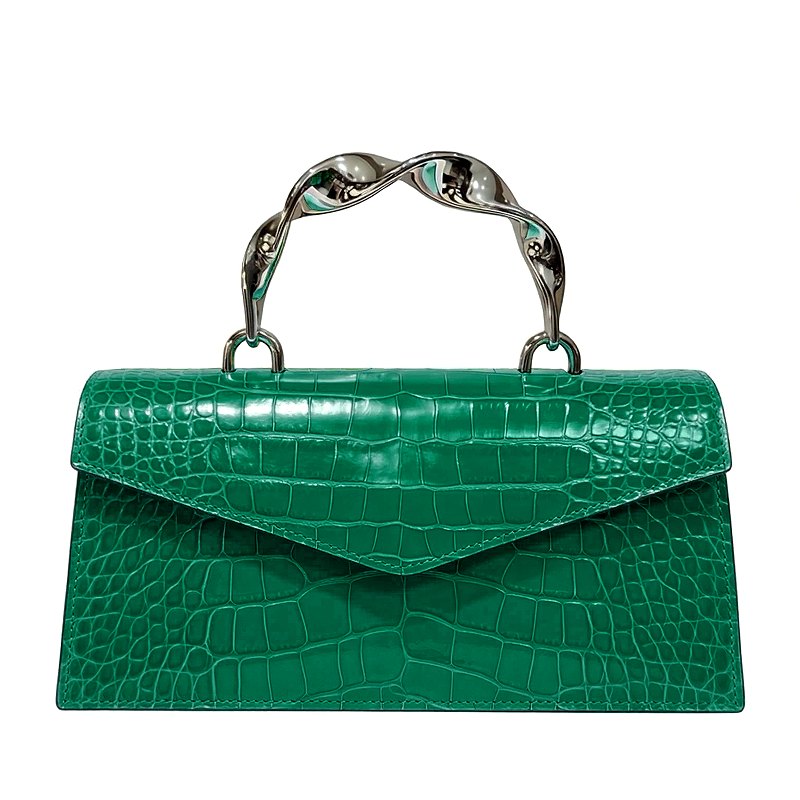 Crocodile Leather Envelope Bag with Artistic Wave Handle - Green