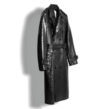 Crocodile Leather Double-Breasted Trench Coat for Men - Side