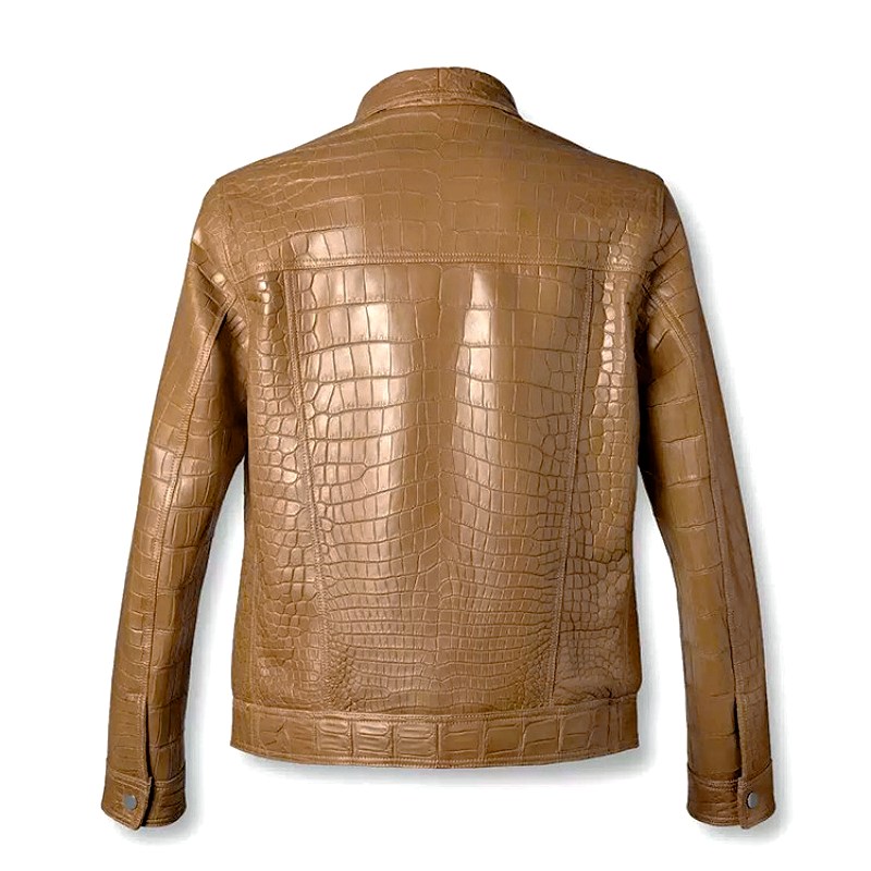 Men's Tan Crocodile Leather Trucker Jacket - Back