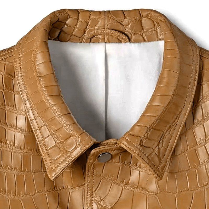Men's Tan Crocodile Leather Trucker Jacket - Collar