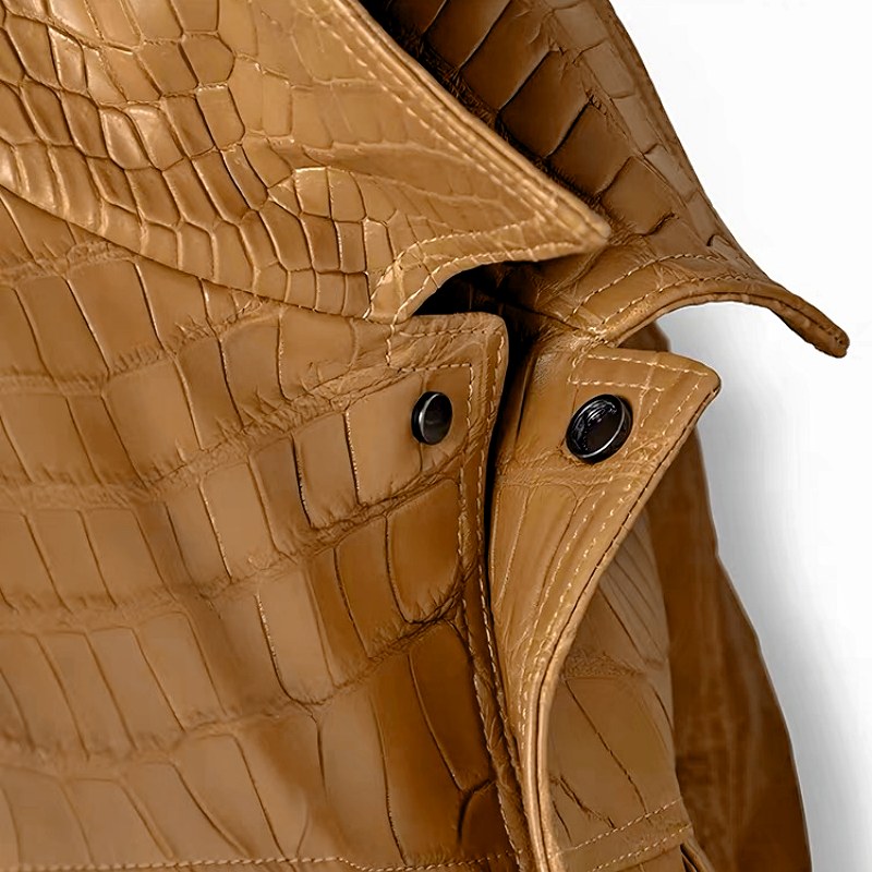 Men's Tan Crocodile Leather Trucker Jacket - Detail